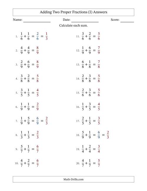 The Adding Two Proper Fractions with Equal Denominators, Proper Fractions Results and Some Simplifying (I) Math Worksheet Page 2