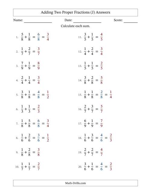 The Adding Two Proper Fractions with Equal Denominators, Proper Fractions Results and Some Simplifying (J) Math Worksheet Page 2