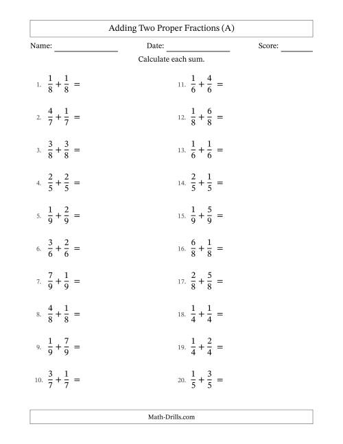 The Adding Two Proper Fractions with Equal Denominators, Proper Fractions Results and Some Simplifying (All) Math Worksheet