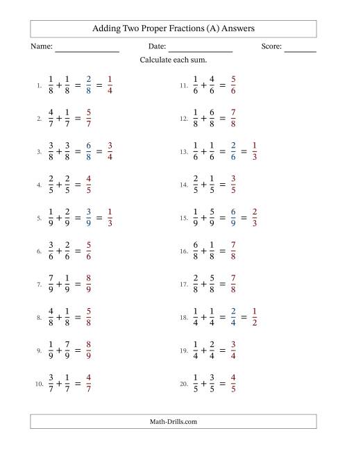 The Adding Two Proper Fractions with Equal Denominators, Proper Fractions Results and Some Simplifying (All) Math Worksheet Page 2