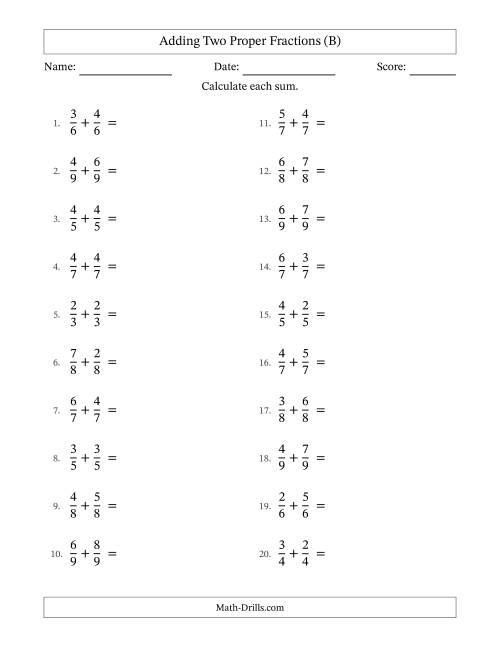 The Adding Two Proper Fractions with Equal Denominators, Mixed Fractions Results and No Simplifying (B) Math Worksheet