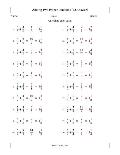 The Adding Two Proper Fractions with Equal Denominators, Mixed Fractions Results and No Simplifying (B) Math Worksheet Page 2