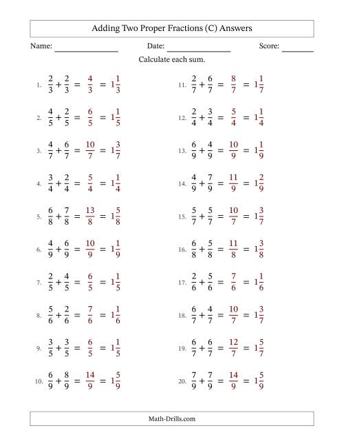 The Adding Two Proper Fractions with Equal Denominators, Mixed Fractions Results and No Simplifying (C) Math Worksheet Page 2