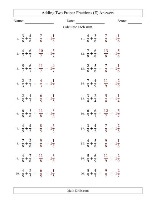 The Adding Two Proper Fractions with Equal Denominators, Mixed Fractions Results and No Simplifying (E) Math Worksheet Page 2