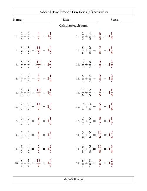 The Adding Two Proper Fractions with Equal Denominators, Mixed Fractions Results and No Simplifying (F) Math Worksheet Page 2