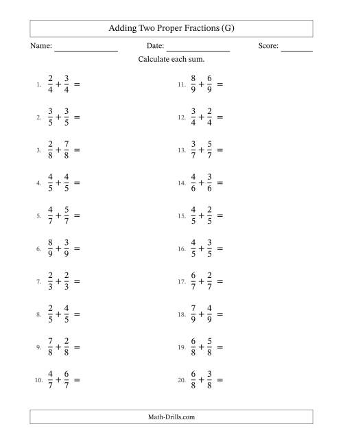 The Adding Two Proper Fractions with Equal Denominators, Mixed Fractions Results and No Simplifying (G) Math Worksheet