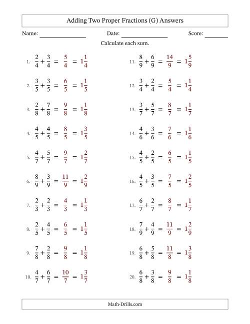 The Adding Two Proper Fractions with Equal Denominators, Mixed Fractions Results and No Simplifying (G) Math Worksheet Page 2