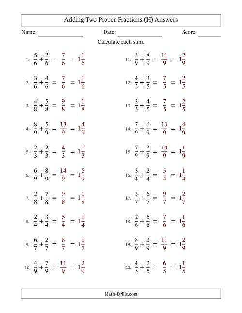 The Adding Two Proper Fractions with Equal Denominators, Mixed Fractions Results and No Simplifying (H) Math Worksheet Page 2