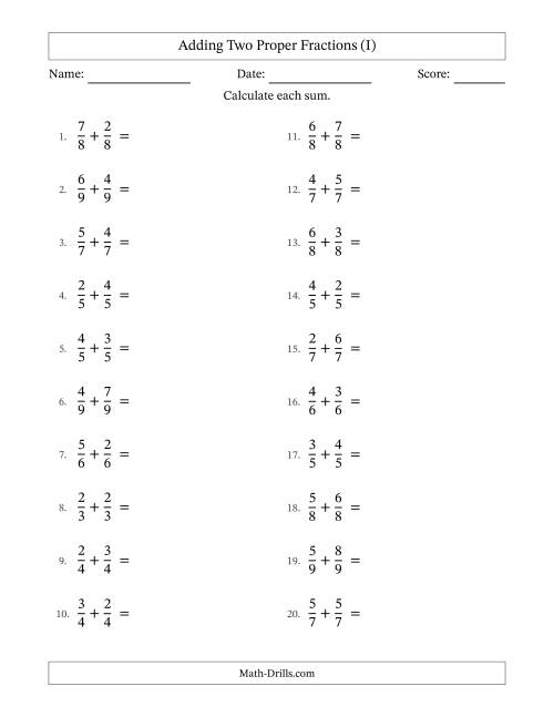 The Adding Two Proper Fractions with Equal Denominators, Mixed Fractions Results and No Simplifying (I) Math Worksheet