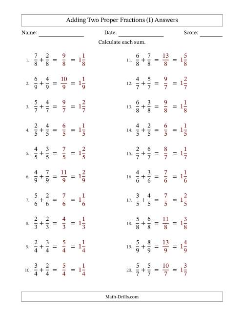 The Adding Two Proper Fractions with Equal Denominators, Mixed Fractions Results and No Simplifying (I) Math Worksheet Page 2
