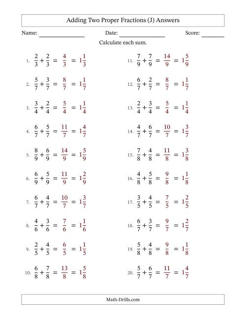 The Adding Two Proper Fractions with Equal Denominators, Mixed Fractions Results and No Simplifying (J) Math Worksheet Page 2