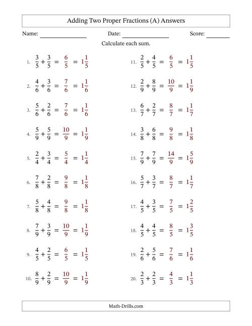 The Adding Two Proper Fractions with Equal Denominators, Mixed Fractions Results and No Simplifying (All) Math Worksheet Page 2