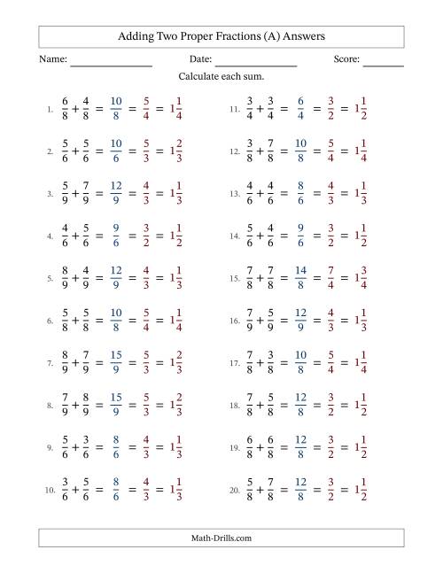 The Adding Two Proper Fractions with Equal Denominators, Mixed Fractions Results and All Simplifying (A) Math Worksheet Page 2