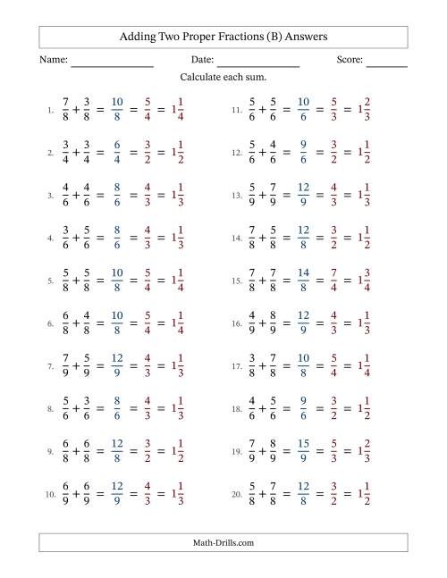 The Adding Two Proper Fractions with Equal Denominators, Mixed Fractions Results and All Simplifying (B) Math Worksheet Page 2