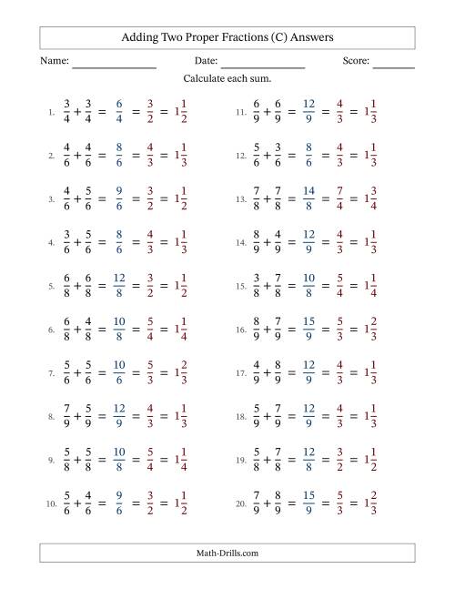 The Adding Two Proper Fractions with Equal Denominators, Mixed Fractions Results and All Simplifying (C) Math Worksheet Page 2