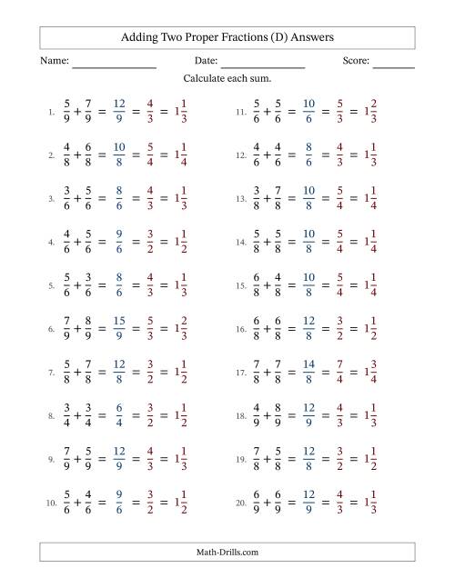 The Adding Two Proper Fractions with Equal Denominators, Mixed Fractions Results and All Simplifying (D) Math Worksheet Page 2