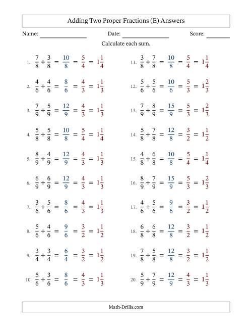 The Adding Two Proper Fractions with Equal Denominators, Mixed Fractions Results and All Simplifying (E) Math Worksheet Page 2