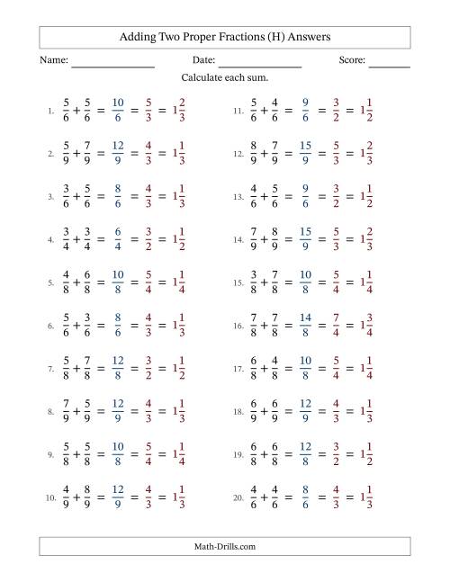 The Adding Two Proper Fractions with Equal Denominators, Mixed Fractions Results and All Simplifying (H) Math Worksheet Page 2