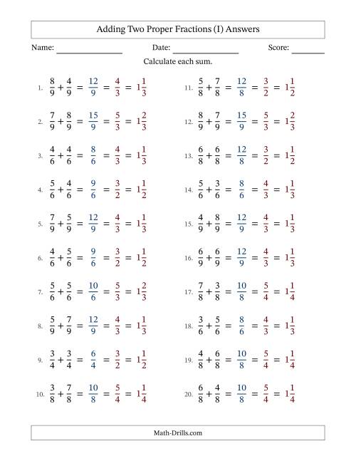 The Adding Two Proper Fractions with Equal Denominators, Mixed Fractions Results and All Simplifying (I) Math Worksheet Page 2