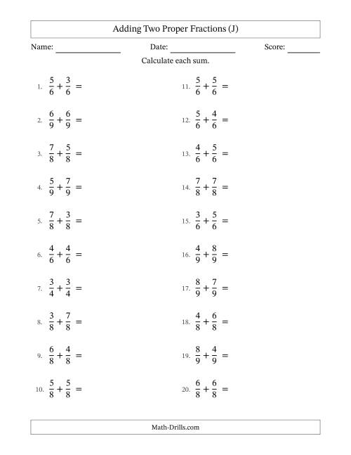 The Adding Two Proper Fractions with Equal Denominators, Mixed Fractions Results and All Simplifying (J) Math Worksheet