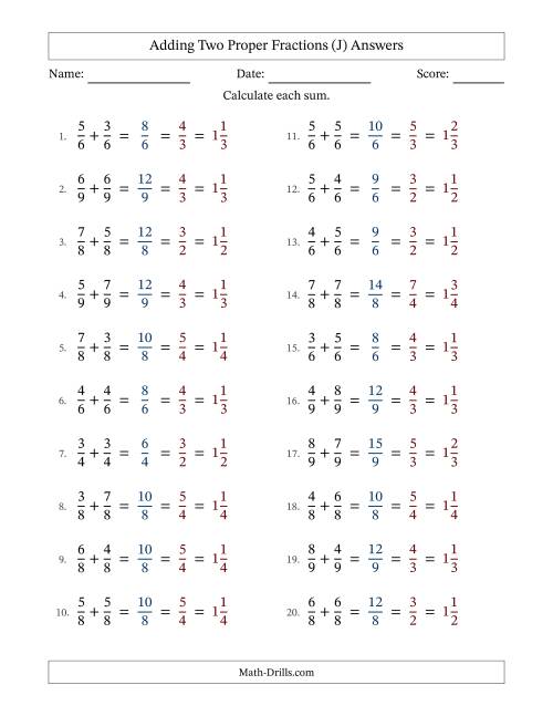 The Adding Two Proper Fractions with Equal Denominators, Mixed Fractions Results and All Simplifying (J) Math Worksheet Page 2