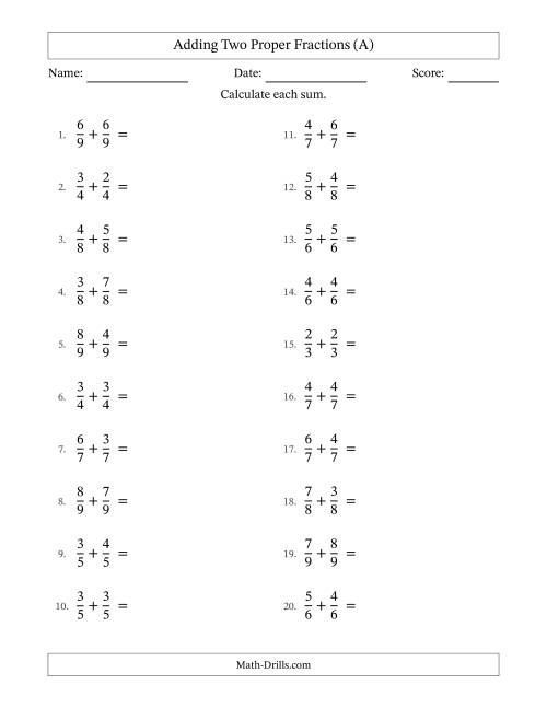 The Adding Two Proper Fractions with Equal Denominators, Mixed Fractions Results and Some Simplifying (A) Math Worksheet