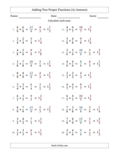 The Adding Two Proper Fractions with Equal Denominators, Mixed Fractions Results and Some Simplifying (A) Math Worksheet Page 2