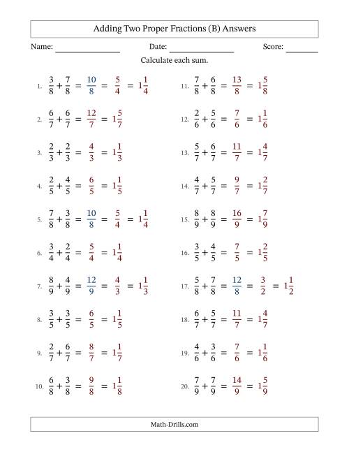 The Adding Two Proper Fractions with Equal Denominators, Mixed Fractions Results and Some Simplifying (B) Math Worksheet Page 2