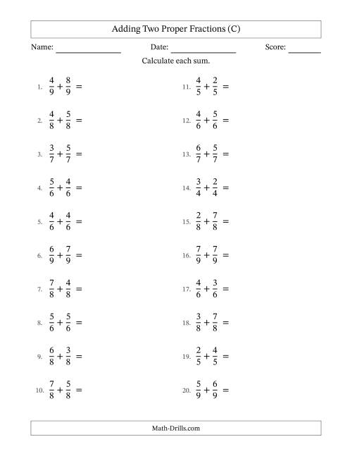 The Adding Two Proper Fractions with Equal Denominators, Mixed Fractions Results and Some Simplifying (C) Math Worksheet