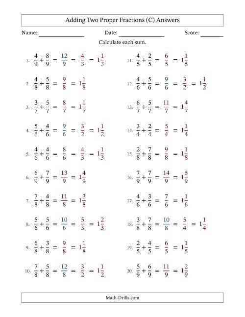 The Adding Two Proper Fractions with Equal Denominators, Mixed Fractions Results and Some Simplifying (C) Math Worksheet Page 2
