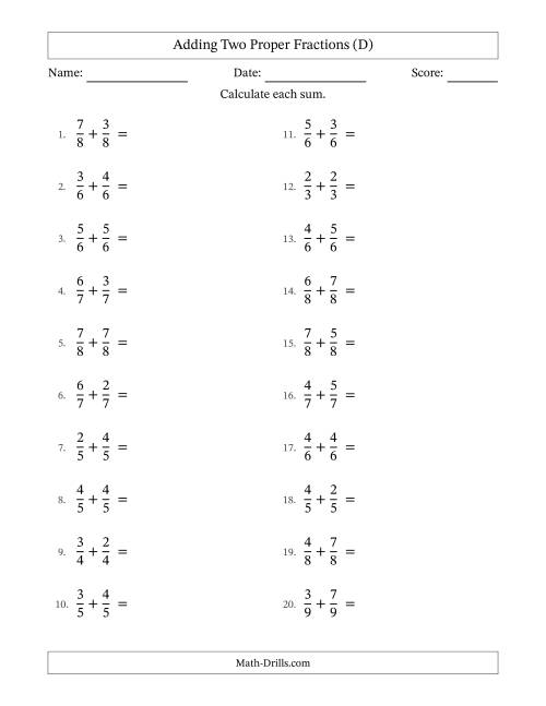 The Adding Two Proper Fractions with Equal Denominators, Mixed Fractions Results and Some Simplifying (D) Math Worksheet