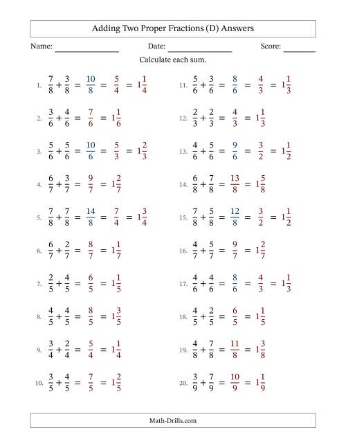 The Adding Two Proper Fractions with Equal Denominators, Mixed Fractions Results and Some Simplifying (D) Math Worksheet Page 2