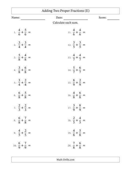 The Adding Two Proper Fractions with Equal Denominators, Mixed Fractions Results and Some Simplifying (E) Math Worksheet