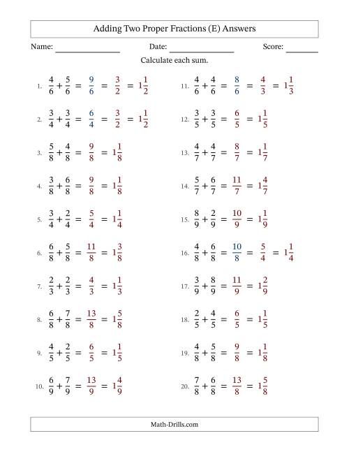 The Adding Two Proper Fractions with Equal Denominators, Mixed Fractions Results and Some Simplifying (E) Math Worksheet Page 2