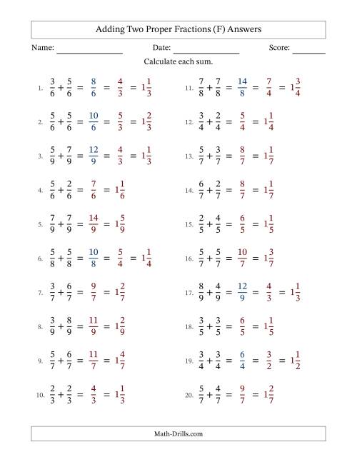 The Adding Two Proper Fractions with Equal Denominators, Mixed Fractions Results and Some Simplifying (F) Math Worksheet Page 2