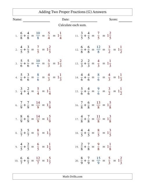 The Adding Two Proper Fractions with Equal Denominators, Mixed Fractions Results and Some Simplifying (G) Math Worksheet Page 2