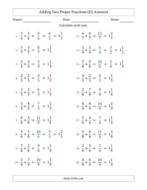 The Adding Two Proper Fractions with Equal Denominators, Mixed Fractions Results and Some Simplifying (H) Math Worksheet Page 2