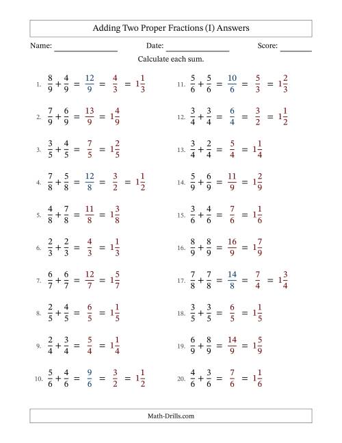 The Adding Two Proper Fractions with Equal Denominators, Mixed Fractions Results and Some Simplifying (I) Math Worksheet Page 2