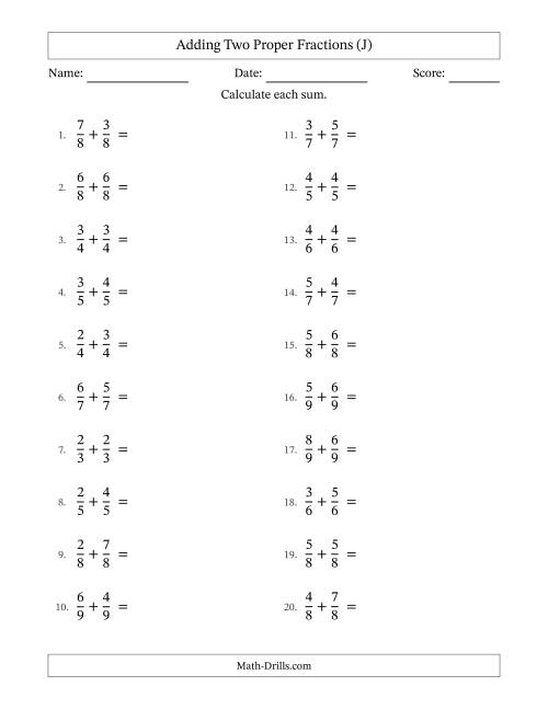 The Adding Two Proper Fractions with Equal Denominators, Mixed Fractions Results and Some Simplifying (J) Math Worksheet
