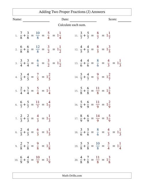 The Adding Two Proper Fractions with Equal Denominators, Mixed Fractions Results and Some Simplifying (J) Math Worksheet Page 2
