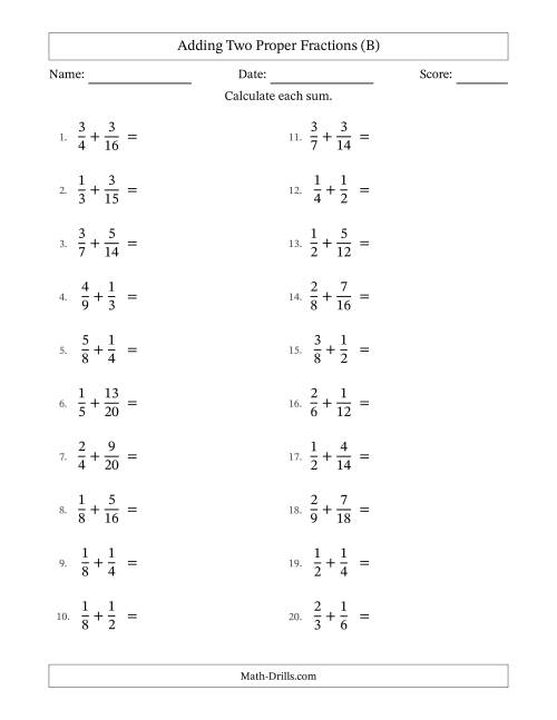 The Adding Two Proper Fractions with Similar Denominators, Proper Fractions Results and No Simplifying (B) Math Worksheet