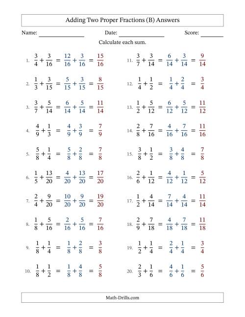 The Adding Two Proper Fractions with Similar Denominators, Proper Fractions Results and No Simplifying (B) Math Worksheet Page 2