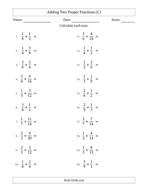 The Adding Two Proper Fractions with Similar Denominators, Proper Fractions Results and No Simplifying (C) Math Worksheet