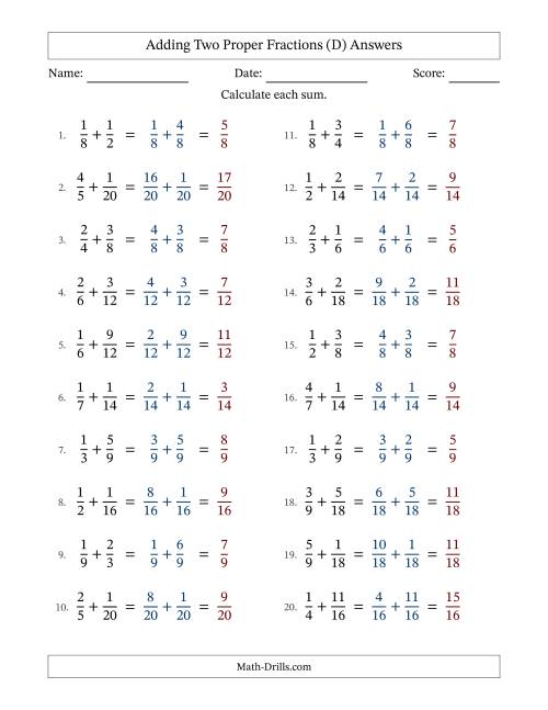The Adding Two Proper Fractions with Similar Denominators, Proper Fractions Results and No Simplifying (D) Math Worksheet Page 2