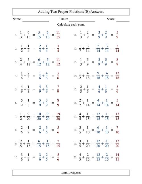 The Adding Two Proper Fractions with Similar Denominators, Proper Fractions Results and No Simplifying (E) Math Worksheet Page 2