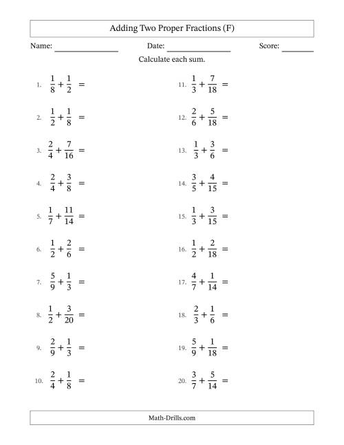 The Adding Two Proper Fractions with Similar Denominators, Proper Fractions Results and No Simplifying (F) Math Worksheet