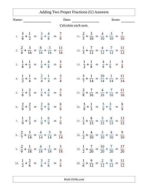 The Adding Two Proper Fractions with Similar Denominators, Proper Fractions Results and No Simplifying (G) Math Worksheet Page 2