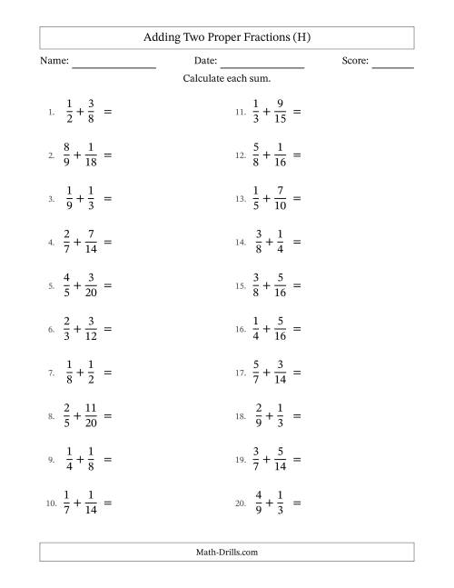 The Adding Two Proper Fractions with Similar Denominators, Proper Fractions Results and No Simplifying (H) Math Worksheet