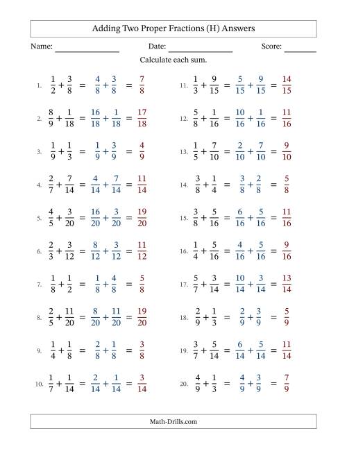 The Adding Two Proper Fractions with Similar Denominators, Proper Fractions Results and No Simplifying (H) Math Worksheet Page 2