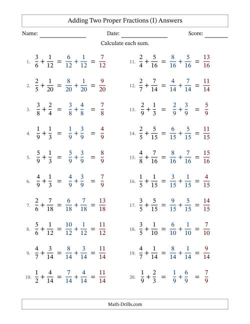 The Adding Two Proper Fractions with Similar Denominators, Proper Fractions Results and No Simplifying (I) Math Worksheet Page 2